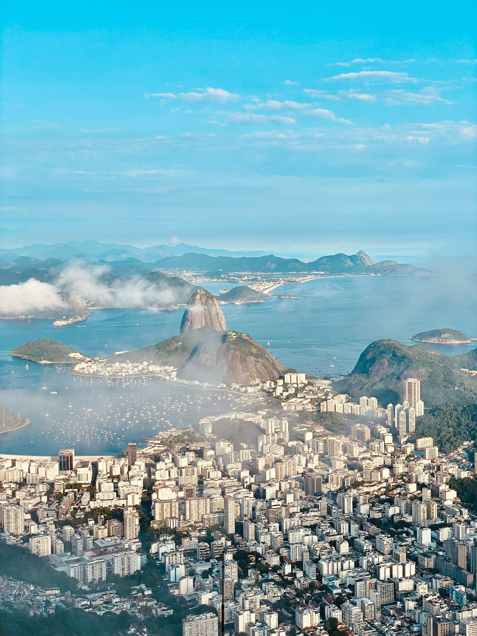 Aerial view of Sugarloaf Mountain rising above Guanabara Bay, Rio de Janeiro