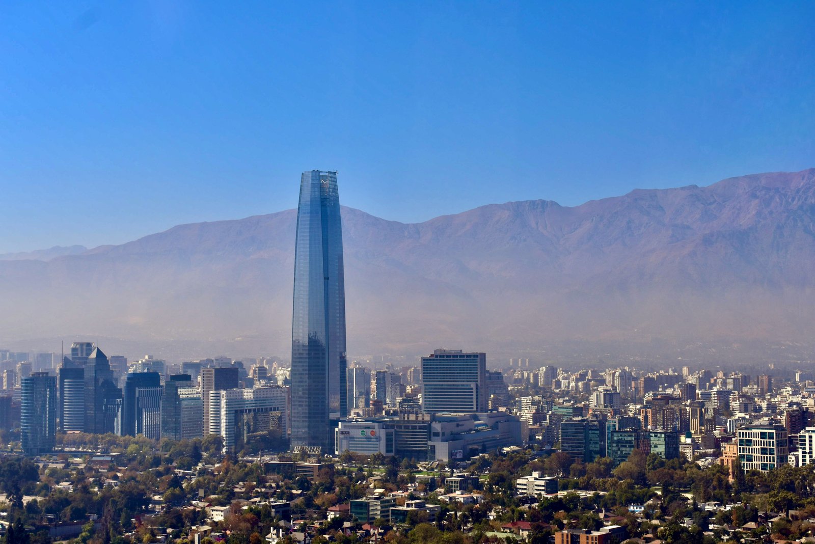 Santiago skyline with Gran Torre Santiago and the Andes mountains behind